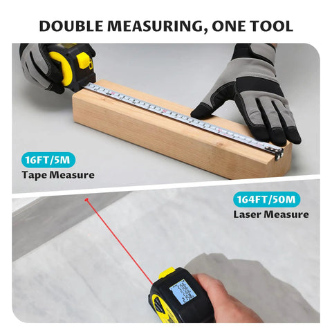 Go To Pro Grade Dual Mode Laser Tape Measure And Distance Meter With 164 Ft Laser Range And 16 Ft Manual Tape Red 0.49mW Class II Laser measuring wood block and wall