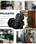 Collage of 12 Pack Black Adjustable Cable Glands One Half Inch NPT IP68 Waterproof Electrical Connectors Nylon Cord Grips Strain Relief For Electrical Boxes And DIY Projects in various installations