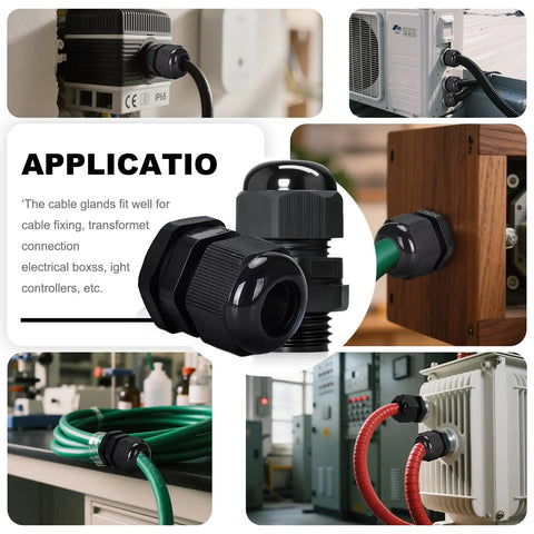 Collage of 12 Pack Black Adjustable Cable Glands One Half Inch NPT IP68 Waterproof Electrical Connectors Nylon Cord Grips Strain Relief For Electrical Boxes And DIY Projects in various installations