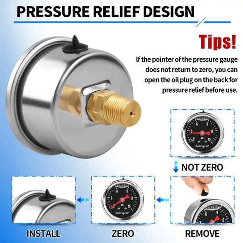 Dead Nuts Accurate Fuel Pressure Gauge Kit 0 To 15 Psi Glycerin Filled Dial showing pressure relief design and dial readout.