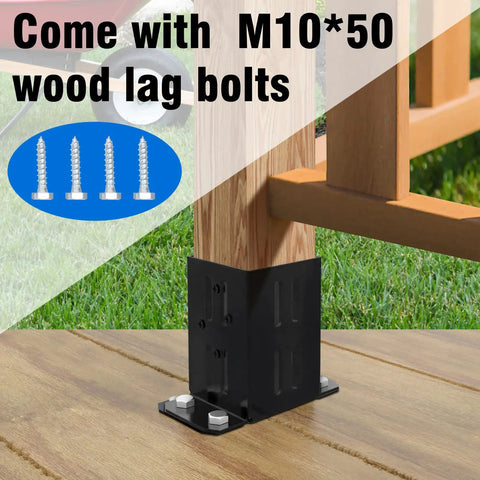 4x4 Wood Fence Post Anchor Base, 13 Gauge Steel, Black Powder Coated, Heavy Duty Post Support with screws on wooden deck