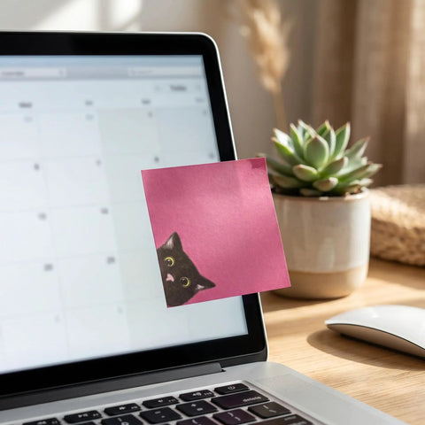 Pink cat-themed Black Cat Sticky Notes 3 By 3 Inch Set Stick Like Crazy For Back To School on a laptop screen, succulent nearby