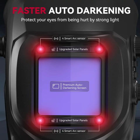 Auto Darkening Welding Helmet With Huge 3.94 By 3.66 Inch Viewing Screen True Color Hood Four Arc Sensors Solar Powered Workhorse Performance With Shade Range 4 To 13 Pro Grade ARC TIG MIG Welding Helmet For Pros, close-up of screen and sensors