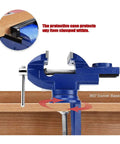 Heavy Duty Universal Bench Vice Machine Vise Clamp For Woodworking And DIY Projects Full Metal Construction With Large Anvil Super Stable Clamping Force showing blue vise with 360° swivel base.