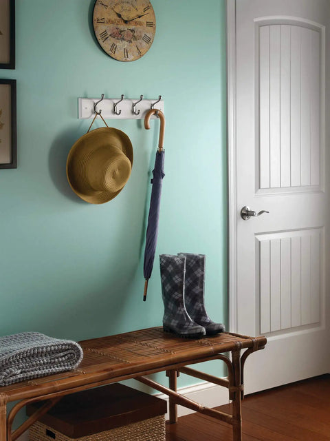 18 Inch Coat And Hat Hook Rail With Four Heavy Duty Hooks In White And Satin Nickel Wall Mounted Coat Rack in cozy entryway