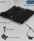 Heavy Duty Cable Zip Tie Mounts Kit With 60 Packs Of 8 Inch Nylon Ties, 5M Screws, And Wall Desk Fasteners in open box