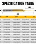 Specification table for 10 Pcs Micro Drill Bit Set 0.2mm to 1.1mm With 1 Eighth Inch Shank Spiral Flute CNC Router Bits