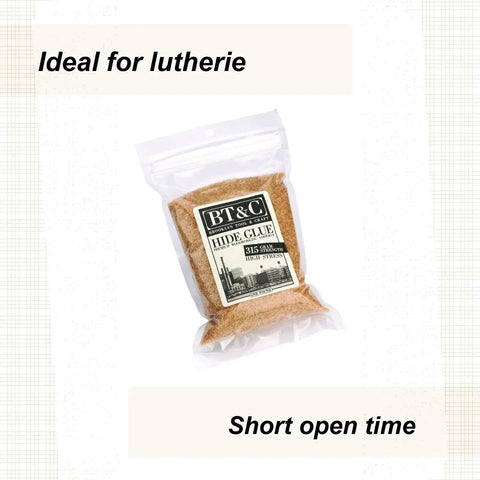 Legit One Pound Bag Of 100 Percent Natural Hide Glue Dry Granules For Lutherie And Woodworking With 315 Gram Strength in clear bag.
