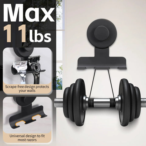 Matte Black Shower Razor Holder With Heavy Duty Suction Cup Stainless Steel Reusable Hook holding razors and dumbbell up to 11 lbs