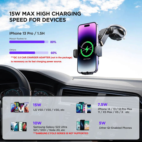 Wireless Car Charger Mount With Auto Clamping And 15W Fast Charge on car dashboard, charging iPhone with 7 Color RGB Backlit.