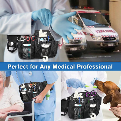Nurse Fanny Pack With Tape Holder and Multi Pocket Medical Gear Organizer Belt Bag for Stethoscopes Bandage Scissors in use.