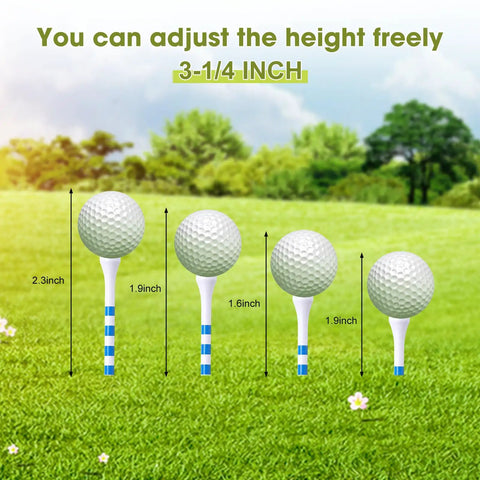 Bulk 1000 Wooden Golf Tees Three And One Quarter Inch Bamboo Tees White Blue Lines Set in field with golf balls