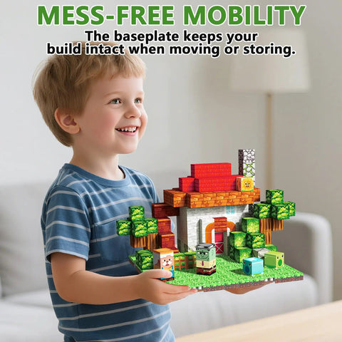 Child holding Magnetic Baseplate Set For Kids 4x4 Magnetic Building Blocks Grassland Theme STEM Toys with Minecraft-style structure