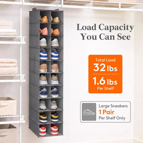 Dope Foldable Hanging Shoe Closet Rack Solid Thick Fabric Storage System With Wide Compartments Straight Up Perfect For Sneakers Flats Heels And Daily Slippers In Fresh Gray with eight compartments and load capacity shown