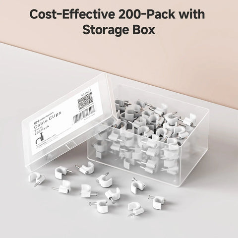 Nail-In Cable Clips Cord Organizer 200-Pack 7mm 0.27 Inch Wall Mount White shown with storage box open