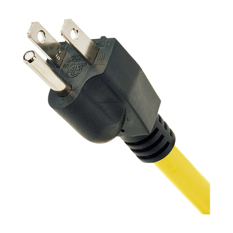 Close-up of plug on Heavy Duty Power Strip With Surge Protection 8 Outlets 3900 Joules Yellow Metal Housing 25 Foot Cord