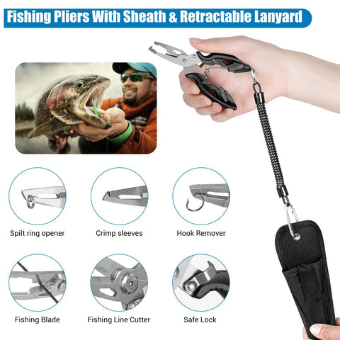 Fishing pliers with lanyard, sheath, and hook remover. Part of All In One 3 Layer Tackle Box With 213 Pcs Lures Kit And Handy Tool Kit.
