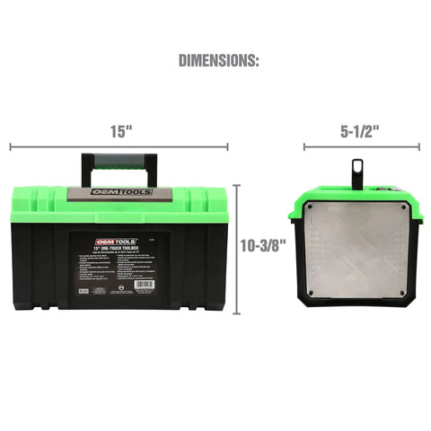 Green 15 Inch One Touch Tool Box With Tray Openable With One Hand And Padlock Security Slot Durable Tool Storage dimensions