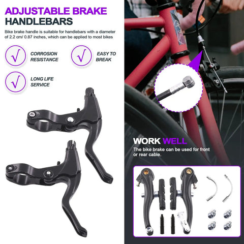 Close-up of 16 Piece Complete Bike Brake Set With Calipers Levers Cables Front And Rear V Brakes Black Aluminum Alloy Handlebars