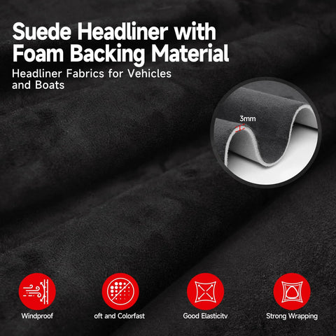 Close-up of black suede headliner fabric with foam backing for vehicles; 120 in × 60 in (3mm thick).