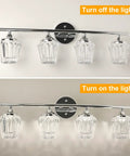 4-Light LED Vanity Light With Crystal Wall Sconces And Acrylic Shade For Bathroom Over Mirror, showing lights on and off