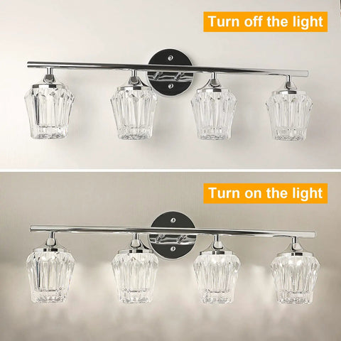 4-Light LED Vanity Light With Crystal Wall Sconces And Acrylic Shade For Bathroom Over Mirror, showing lights on and off