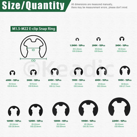 211 Piece E Clip Assortment Kit With 14 Sizes External Retaining Rings Alloy Steel Snap Ring Set Size Chart