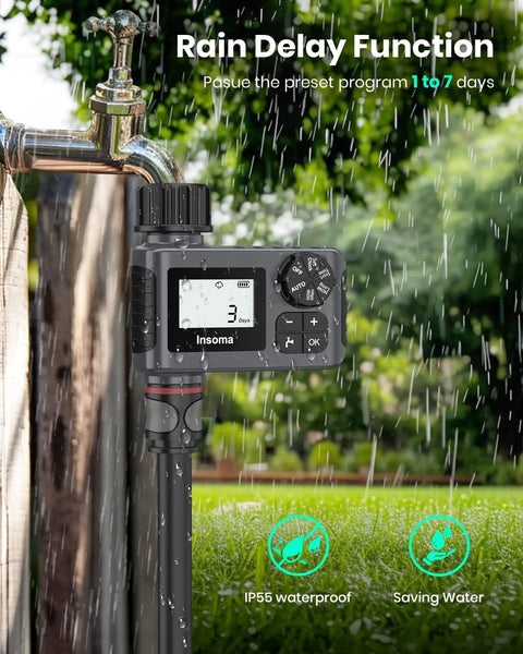 No Fuss Easy Set And Forget Outdoor Hose Faucet Timer With Rain Delay attached to garden faucet, showing display and controls