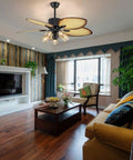 Living room with 52 Inch Tropical Ceiling Fan With Light And Remote Control Palm Leaf Blades With 5 Glass Lampshades