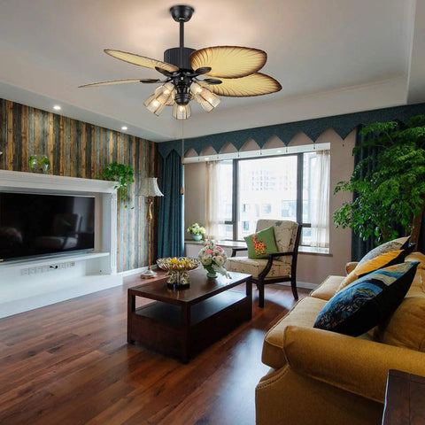 Living room with 52 Inch Tropical Ceiling Fan With Light And Remote Control Palm Leaf Blades With 5 Glass Lampshades