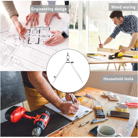 Robust Badass 12 Inch Heavy Duty Spring Divider Compass With Adjustable Metal Body And Secure Pencil Clip Engineered For Leather Craftsmanship Woodworking Projects on table with drafting plans and tools.
