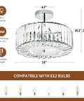 Modern Crystal Flush Mount Ceiling Light Fixture Dope With 12 Inch Round Crystal Shade Dimmable showing dimensions and features