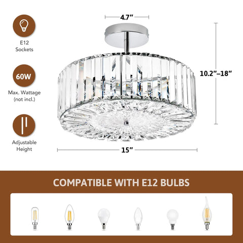 Modern Crystal Flush Mount Ceiling Light Fixture Dope With 12 Inch Round Crystal Shade Dimmable showing dimensions and features