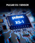 Close-up of PULSAR XS-1 sensor on a circuit board for the Featherweight Optical Gaming Mouse With Slick Ergonomic Frame Ultra Low Latency Tracking For Crisp Aim Weighs Just Forty Four Grams So You Move Quick Zero Drag Grip And Tough Switches For Grinding Out Win Streaks.