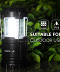 LED Lanterns Battery Powered For Camping And Outdoors, collapsible design in rain with IPX4 water resistance and AA battery symbols.