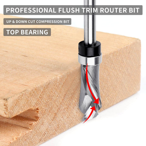 Pro Grade Extra Long Compression Flush Trim Router Bit With One Quarter Inch Shank And One Half Inch Cutting Diameter One And A Quarter Inch Cutting Length Spiral Pattern Template Router Bit For CNC Woodworking Edge Trimming trimming wood edge