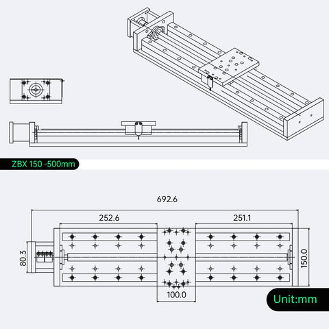 Technical drawing of ZBX150 500mm Stroke CNC Linear Stage Motion Actuator X Y Z Axis Cross Sliding Table with dimensions in mm