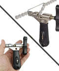 Road Ready Bike Chain Repair Tools Set With Master Link Pliers, Chain Breaker And Checker, shown in hand and on bike chain.