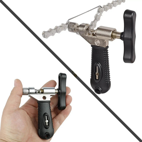 Road Ready Bike Chain Repair Tools Set With Master Link Pliers, Chain Breaker And Checker, shown in hand and on bike chain.