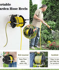 Rock Solid Hose Reel Cart Loaded With 25M Garden Pipe And High Pressure Spray Gun And Wall Mounted Outdoor Storage Rack, wall-mounted and handheld options in use.