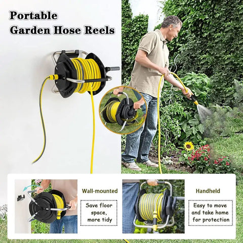 Rock Solid Hose Reel Cart Loaded With 25M Garden Pipe And High Pressure Spray Gun And Wall Mounted Outdoor Storage Rack, wall-mounted and handheld options in use.
