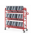 Heavy Duty Red Tote Picking Cart For Warehouse Retail And Office Order Fulfillment With Angled Shelves holds nine grey bins on three levels.