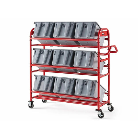 Heavy Duty Red Tote Picking Cart For Warehouse Retail And Office Order Fulfillment With Angled Shelves holds nine grey bins on three levels.