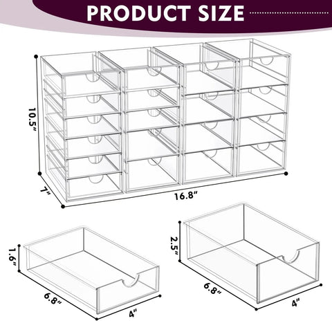 Real Talk No Fuss Clutter Crusher Game Changer Vanity Setup Easy Glide Bins Crisp Acrylic Cosmetic Holders For Desks Counters Under Sink product size chart with dimensions
