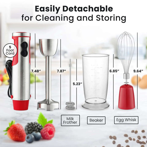 Heavy Duty 4 In 1 Immersion Blender With Whisk And Milk Frother 800W Hand Mixer 12 Speed Turbo with beaker and frother.
