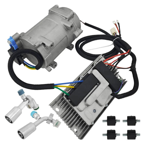 Universal A C Electric Compressor 20Cc Per Stroke 12 Volt Auto Truck Bus Air Conditioning R134a with aluminum block and accessories.