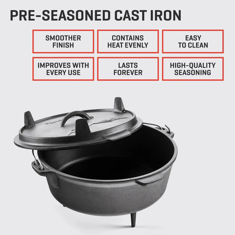 Six Quart Cast Iron Camping Dutch Oven With Lid Lifter And Storage Bag For Campfire Cooking Stews And Baking Durable Pre Seasoned Outdoor Pot For Camping And Hiking, open with lid slightly ajar, showing smooth interior