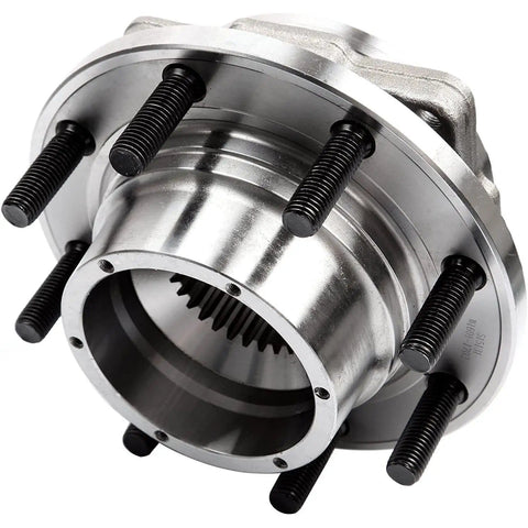 New Set Of Complete Front Wheel Hub And Bearing Assemblies For Dual Rear Wheel Trucks Fits 6.2L 6.7L V8 Engines Front Left And Right Polished And Rust Protected, close-up view