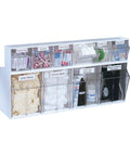Interlocking Tilt Bin Storage System 6 Bin Unit In Clear And White, Slick Stackable Desk Shop Or Lab Organizer With Tilt Out Access, Dovetail Interlock Design, Bin Size 3.5 W By 3.75 H By 2.625 D, Overall 23.625 W By 4.5 D By 3.625 H