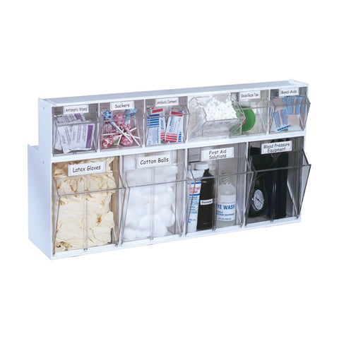 Interlocking Tilt Bin Storage System 6 Bin Unit In Clear And White, Slick Stackable Desk Shop Or Lab Organizer With Tilt Out Access, Dovetail Interlock Design, Bin Size 3.5 W By 3.75 H By 2.625 D, Overall 23.625 W By 4.5 D By 3.625 H
